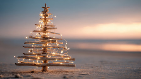 A creative Christmas tree made of driftwood and adorned with string lights stands on the sandy beach. The warm glow contrasts against the beautiful sunset sky and ocean.の素材