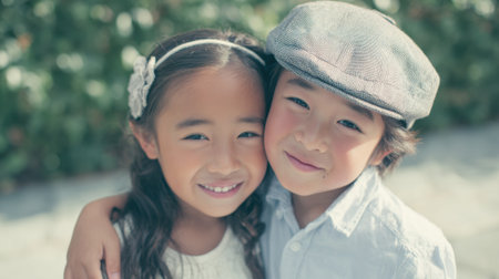 Two children stand close together in a garden, smiling brightly. Their joyful faces and playful outfits capture a moment of friendship and happiness in a serene outdoor setting.の素材