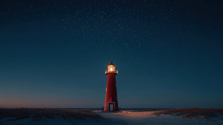 A tall red lighthouse beams its light into the dark night, surrounded by a serene beach and sparkling stars above. The peaceful setting invites reflection and calmness.の素材