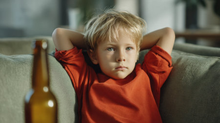 A young boy with messy blond hair sits on a couch, wearing a red shirt. He looks thoughtful with his hands behind his head, as sunlight fills the room, creating a cozy atmosphere.の素材