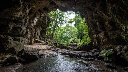 A hidden cave reveals a serene landscape with lush trees and a calm stream. Natural light filters through, highlighting the rock formations and foliage.の素材