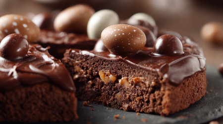 A rich chocolate cake is sliced to reveal a nutty filling. The top is adorned with glossy icing and colorful candy eggs, making it an appealing dessert for holidays or special occasions.の素材