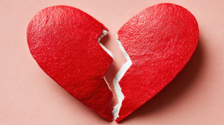 A red heart cut in two rests on a soft pink background, illustrating the concept of heartbreak. This visual evokes feelings of loss and emotional struggle.の素材