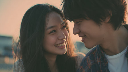 Two young adults share a joyful moment while looking into each other's eyes during sunset. Their smiles reflect warmth and happiness in this serene outdoor setting.の素材