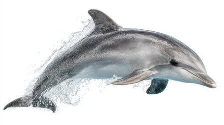 A dolphin jumps out of the ocean, creating a splash in the clear blue water. Bright sunlight illuminates the scene, highlighting the dolphin's sleek body in motion.の素材