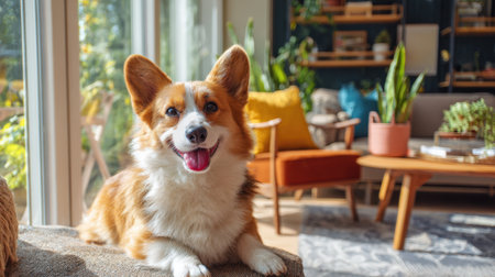A cheerful corgi sits comfortably on a couch in a bright living room. Sunlight fills the space, illuminating various plants and colorful furniture around.の素材