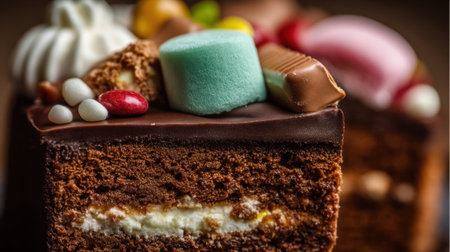 A rich chocolate cake shows layers of moist texture, topped with assorted candies and marshmallows. The vibrant colors of the sweets add fun and excitement to the dessert.の素材