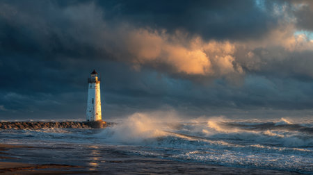 A lighthouse stands tall on the shore as waves crash around it. The sky is filled with dark clouds and hues of orange, creating a stunning sunset backdrop.の素材