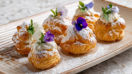 Beautifully arranged cream puffs sit on a stylish plate, topped with whipped cream and delicate edible flowers. A light dusting of powdered sugar adds a sweet touch.の素材