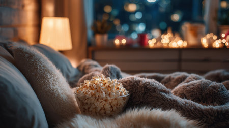 A warm and inviting bedroom features a bowl of popcorn resting on a fluffy blanket. Soft lighting creates a cozy atmosphere with a view of the city through the window.の素材
