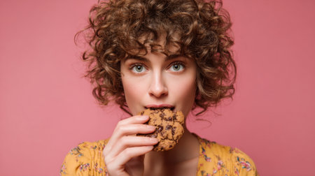 A young woman with curly hair holds a chocolate chip cookie close to her lips, preparing to take a bite. She wears a yellow floral dress and smiles playfully in front of a pink backdrop.の素材