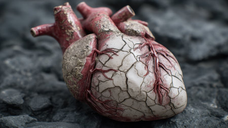 A heart sculpture is placed on a surface of dark stones, highlighting its cracked texture and lifelike details. The artistry captures the beauty of the heart in an innovative way.の素材