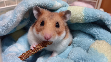 A small hamster with a light brown and white coat enjoys a snack while cozying up in a soft blue blanket. The scene captures the delightful moment of this little pet at home.の素材
