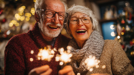 A cheerful older couple smiles brightly while holding sparklers, surrounded by warm lights and festive decorations. They enjoy a cozy indoor celebration during winter.の素材