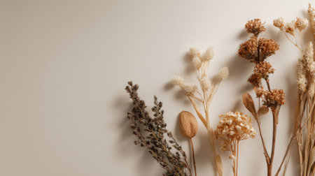 A collection of dried flowers is displayed against a soft light background. Various textures and shapes create a natural and calming atmosphere, perfect for home decor.の素材