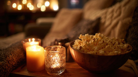 Soft candlelight fills the room as a bowl of freshly popped popcorn sits on a wooden tray. The ambiance creates a relaxed and inviting atmosphere for a cozy night in.の素材