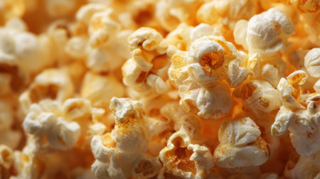 Fluffy popcorn is piled together, displaying a rich golden color and irregular shapes. This tasty snack is ready to enjoy during a movie or a casual gathering with friends.の素材