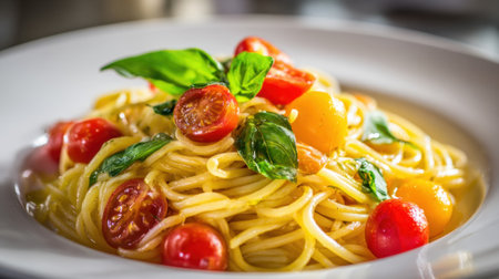 A plate of spaghetti topped with vibrant cherry tomatoes and fresh basil leaves is served at a cozy Italian restaurant. The dish is inviting and aromatic, perfect for a delicious meal.の素材