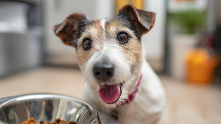 A joyful dog sits in a well-lit kitchen, looking eagerly towards a bowl of dog food. The dog appears excited and content, enjoying its time at home.の素材