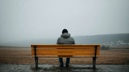 A person in a gray jacket sits quietly on a yellow bench, gazing out at a distant foggy landscape. The scene captures a sense of solitude and introspection during an overcast day.の素材