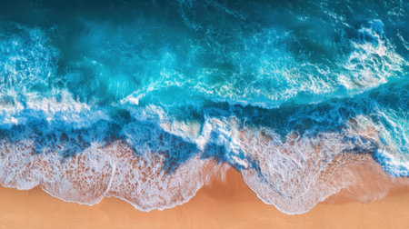 Vibrant turquoise waves roll onto a sandy shore as sunlight illuminates the scene, creating a picturesque view of nature in a coastal paradise.の素材
