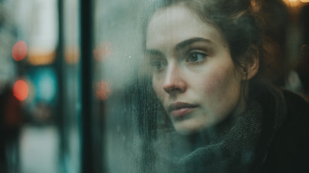 A woman looks pensively through a foggy window, lost in thought during a rainy day in a bustling city. Soft light filters through, enhancing the mood of introspection.の素材