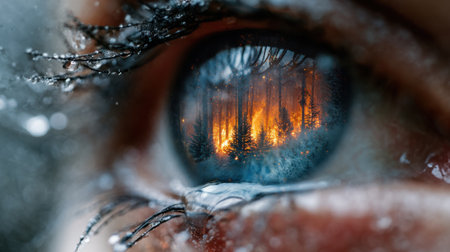 A close-up view of an eye shows a vivid reflection of a forest fire with flames and smoke against the backdrop of trees. The scene blends nature's beauty with destruction, evoking strong emotions.の素材