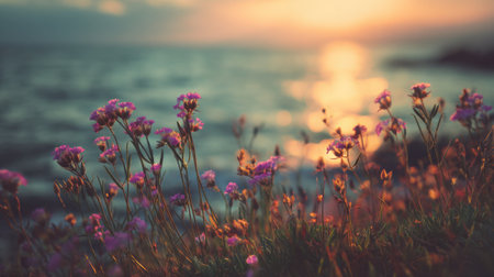 Wildflowers in shades of pink and purple thrive by the ocean's edge during a serene sunset. The sun casts a warm glow on calm waters, enhancing the tranquil atmosphere.の素材