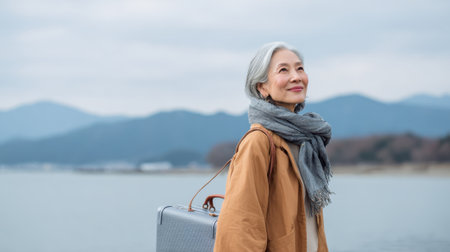 An older woman stands by a calm body of water with mountains in the background. She carries a suitcase and smiles, dressed warmly for the cool, cloudy weather.の素材