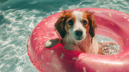 A small dog relaxes in a blue swimming pool, resting on a pink inflatable ring. Water splashes gently around as the dog looks curiously at its surroundings under the bright sun.の素材
