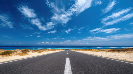 A long, straight road stretches towards the ocean, framed by sand dunes and grass. The sky is bright blue with fluffy clouds, creating a serene daytime scene.の素材