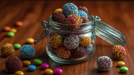 Brightly colored candy treats are displayed in a glass jar resting on a wooden surface. Surrounding the jar are various round chocolates in vibrant colors, creating a festive atmosphere.の素材