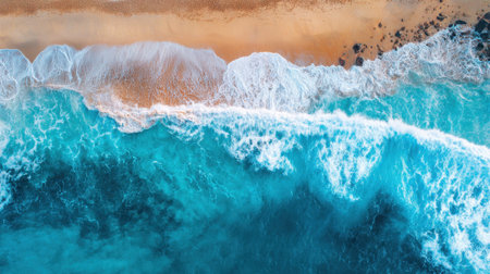 Bright blue waves crash against a sandy beach under a clear sky. The vibrant colors of the ocean blend with the shoreline, showing nature's beauty.の素材