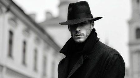 A man stands in a trendy black coat and wide-brimmed hat, exuding confidence. The urban background features muted colors, creating a stylish and sophisticated atmosphere.の素材