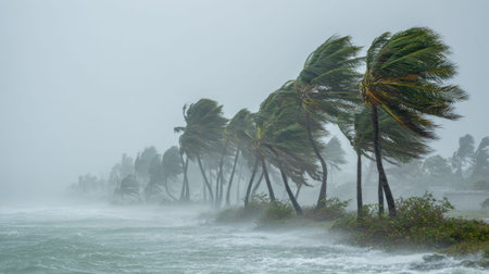 High winds bend palm trees along the shore as rain pours down. The turbulent sea churns nearby, creating rough waves and a gray sky, indicating a severe weather situation.の素材