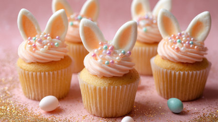 Delicious bunny ear cupcakes are arranged on a pink background, featuring pastel frosting and colorful sprinkles. Perfect for spring gatherings and celebrations.の素材