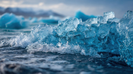 Blue icebergs rise from the tranquil ocean water, reflecting the fading sunlight. The scene captures the beauty of nature's icy formations along the coastline.の素材