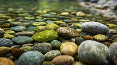 Smooth stones of various colors and sizes rest on the bottom of a clear stream, illuminated by sunlight. The scene captures the serenity of nature at midday.の素材