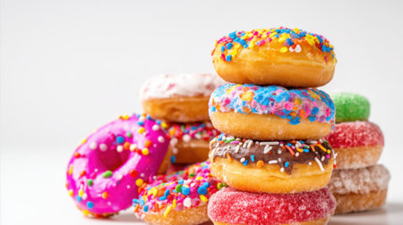 Multiple donuts are creatively stacked against a clean white background, displaying vibrant colors and different toppings, including sprinkles, frosting, and glaze.の素材