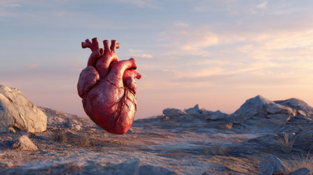 A realistic depiction of a human heart floating above dry rocky ground in a desert setting. The background shows a vibrant sunset with hues of orange and pink, creating a surreal atmosphere.の素材