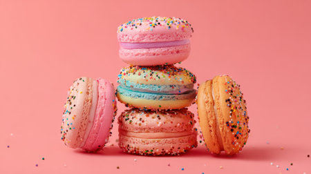 A tall stack of five macarons sits on a vibrant pink surface. The cookies are in pastel colors and decorated with colorful sprinkles, creating a cheerful and inviting atmosphere.の素材