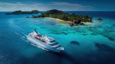 A large cruise ship navigates through turquoise waters close to a lush, green tropical island. The scene is vibrant with bright sunlight and gentle waves, creating a perfect vacation atmosphere.の素材