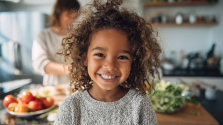 A young girl with curly hair smiles brightly in a cozy kitchen while her parents prepares food. Fresh fruits and vegetables are visible on the table, creating a warm atmosphere.の素材