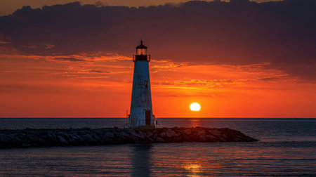 A lighthouse stands tall by the ocean as the sun sets, casting warm colors over the waves and creating a serene atmosphere during the evening.の素材