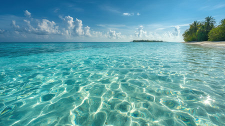 Calm turquoise waters shimmer under a bright sky, while gentle waves lap the sandy shore of a tranquil tropical beach. Lush greenery lines the coast, enhancing the serene atmosphere.の素材