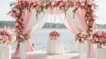 A beautiful wedding setup is seen by the water, with pink and white flower arrangements adorning a canopy. Sunlight creates a romantic atmosphere, perfect for a celebration.の素材