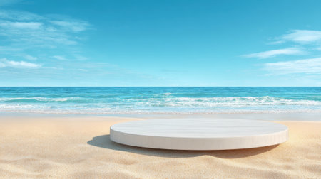 A round platform sits on golden sand, facing the calm ocean waves and a bright blue sky. This peaceful beach scene invites relaxation and creativity.の素材