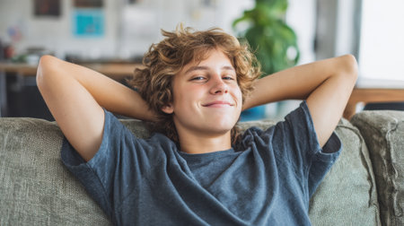 A boy with curly hair sits on a couch, smiling and looking relaxed. Sunlight fills the bright living room, creating a warm atmosphere. The space is cozy and inviting.の素材
