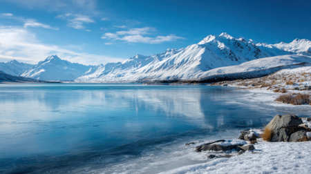 Snow-capped mountains surround a tranquil lake with a frozen surface. The clear blue sky casts reflections in the water, creating a serene winter scene in New Zealand.の素材