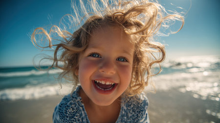 A young girl with curly hair laughs happily while standing by the shore. The sun shines brightly, and waves crash behind her, creating a joyful atmosphere.の素材